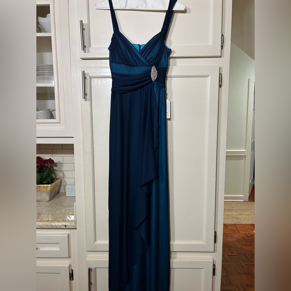 Elegant Blue Evening Gown with Aqua under lay and a deep blue chiffon overlay